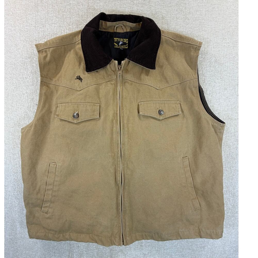 Wyoming Traders Men xl Tan Brown Canvas Corduroy Collar Zip Front Outdoor Vest